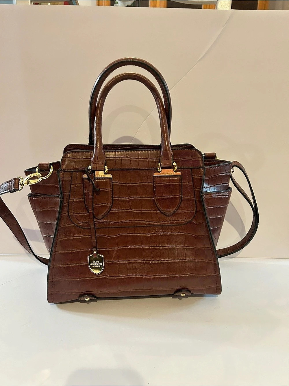 London Fog Crocodile-Embossed Satchel in Brown